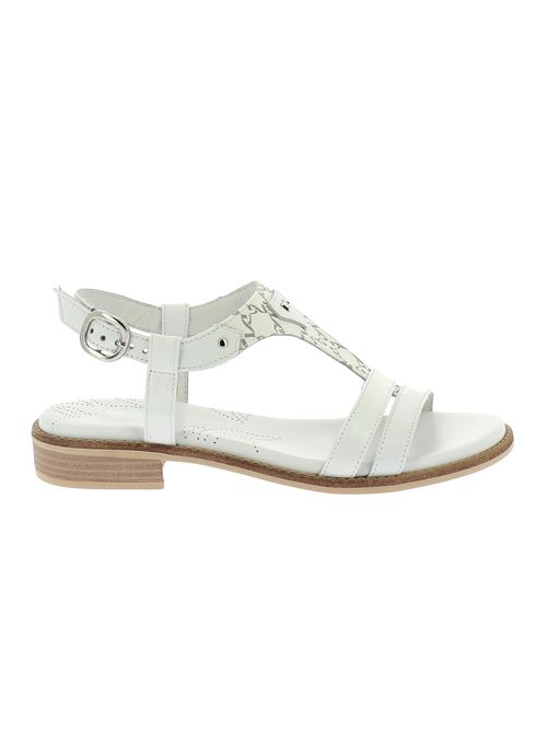 sandalo da donna in pelle bianca con logo a contrasto e cinturino regolabile